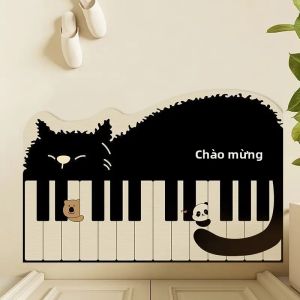 VIKAMA Piano-Key Black Cat Thảm Bùn Tảo Cát Mềm Chống Trượt Thảm Tắm Thấm Nước Cho Phòng Tắm Trang Trí Nhà Có Thể Giặt Bằng Máy
