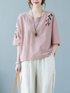 เสื้อยืดคอกลมแขนสั้นผ้าลินินปักลายฤดูร้อนสำหรับผู้หญิง ทรงหลวม ระบายอากาศได้ดี กระเป๋าเสื้อผ้าแบบสวมหัว ผ้าฝ้ายผสมลินิน