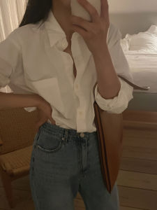 Elegant White Cotton Long Sleeve Shirt Womens Loose Fit Premium Quality Anti-Aging Fashionable Korean Style Button Detail