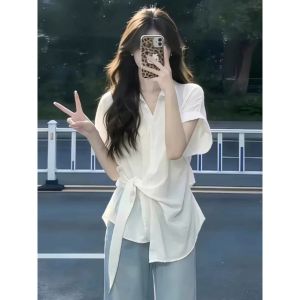 Loowmane | Design Aesthetic Summer Blouse White Waist-cinching Short Sleeve