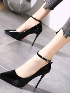 รองเท้าส้นสูงแบบสวมหัวแหลมสำหรับผู้หญิง ทรงหัวมน ด้านหน้าเป็นยาง ด้านในเป็นหนัง PU สไตล์เกาหลี รองเท้าส้นสูงสำหรับใส่ไปทำงาน