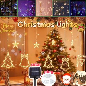 Christmas Curtain Lights Waterproof Solar Plug Elk Star Curtain String Fairy Lights with 8 Modes Outdoor Indoor Christams Tree Decorations Garden Christmas Wedding Party Garden Birthday Room Decoration Lights Fairy Strings Curtain Decor Lighting