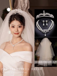 Bridal Crown Three-Piece Set Wedding Dress Veil Accessories Pearl Crown Headdress Necklace Proposal Birthday Photo Hair Accessories