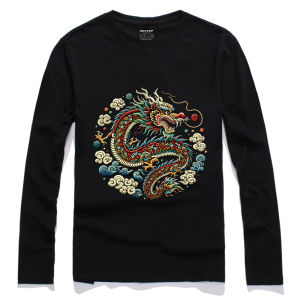 Trendy Mens Long Sleeve T-Shirt Cotton Retro Dragon Pattern Breathable Base Shirt Youth Fashion Autumn Wear Chinese Style