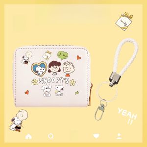 กระเป๋าใส่บัตร Snoopy ลายการ์ตูน กระเป๋าใส่บัตรแบบพกพาขนาดใหญ่ สายโซ่ป้องกันการสูญเสียข้อมูล กระเป๋าใส่บัตร PU สำหรับเยาวชน