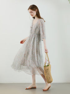 Miccbeirn | Elegant V-neck Silk Long Dress Floral Print Two-piece Set High Waist Gown Vintage Style Commute Simple Style Spring Summer