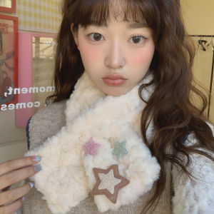 Korean Style Short Thick Warm Plush Scarf Womens Autumn Winter Crossed Neck Warmer Sweet Star Design Versatile Student Accessory