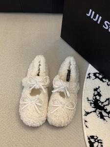 Jiji Studios Flat Shoes Women Fleece-lined Heattech Lamb Wool Bows Fluffy Shoes Women Winter Outwear Cotton Flats