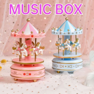 Wood Music Box Carousel Wind Up Melody Desk Ornament Handcrafted Christmas Home Decor Gift Idea