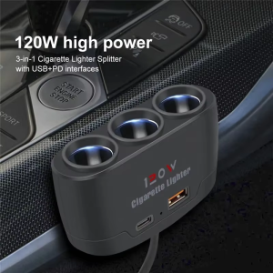 Kebidumei | 120W USB PD Socket 3 in 1 Car Cigarette Lighter Splitter 12V 24V Fast Charger Plug Phone Power Adapter for iPhone GPS Dashcam