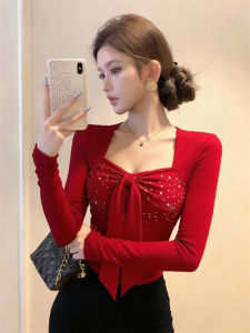 Stylish Square Neck Red Dazzling Slim T-shirt Spring