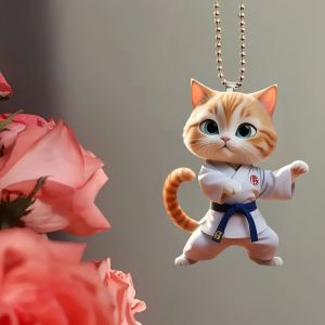 Cartoon Judo Cat Keychain2D Flat Acrylic PendantCute Dressed Kitten OrnamentHanging Decoration for Car/Bag/Festive/Party/Gift