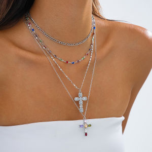 Ingemark 4Pcs/Set Trendy Colorful Rhinestone Cross Pendant Necklace for Women Vintage Gold Color Metal Necklace Y2K Jewelry