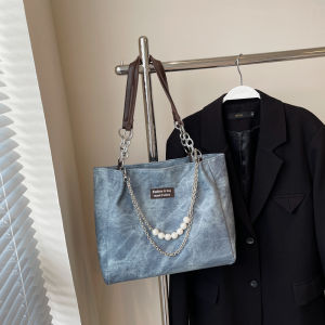 LUSUO | Large Capacity Womens Shoulder Tote Bag with Chain Pearl Design