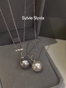 S925 Sterling Silver Grey Single Pearl Pendant Necklace Double Sparkle round Bead Fashionable Elegant Choker for Women