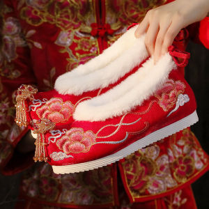 Giày Cưới Phong Cách Cổ Điển Mùa Đông Có Lót Lông Cừu Giày Hanfu Giày Cưới Cho Cô Dâu Giày Đế Bằng Mũi Nhọn Thường Ngày