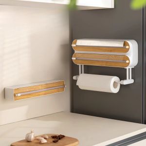 Wall Cling Film Dispenser เครื่องตัดห่ออลูมิเนียมฟิล์มฟอยล์ผนังแม่เหล็กยืดม้วนกระดาษชั้นวางห้องครัวเครื่องมือ