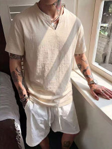OUMULONG | Áo Thun Cổ V Short Sleeve Form Rộng Kiểu Vải Linen