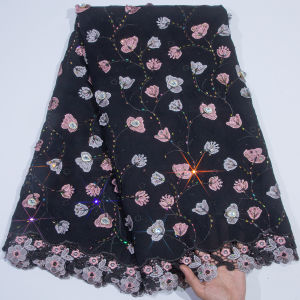 Swiss Voile Cotton Lace Fabric African Floral Embroidery with Border 5Yards Beaded Lace Material for Women Party Wear