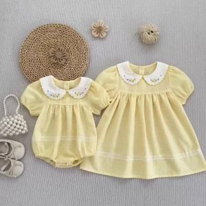 2026 Summer 2-6Yrs Kid Grid Sweet Party Dress 0-24M Baby Girl Embroidery Collar Short Sleeves Bodysuit Yellow Sister Dress