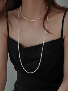 925 Yinao White Pearl Sweater Chain Long Baby Beads Multi-Ring Necklace Female Small Rice-Shaped Beads Necklace Sweater Accessories Female