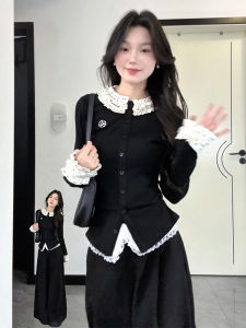 XIANGBAIWEI | Korean Style College Floral Dot Patchwork Tunic Slim Fitted Unique Straight Shoulder Long Sleeve Tee