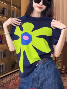 European Goods Trendy Stylish Flower Print Short-Sleeved T-shirt Womens Summer New Arrival Fashion All-Matching Figure Flattering round-Neck Blouse