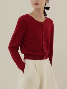 French Vintage Red round Neck Knitted Open Cardigan Womens Outerwear Romantic Lady Style Inner Shirt Autumn New Arrival