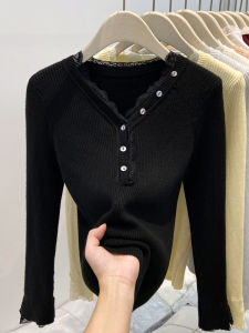 Slim Fit Long Sleeve V-Neck Knitted Sweater Womens Autumn Winter New Style Base Layer Inner Wear Top Lace Trimmed Korean Version