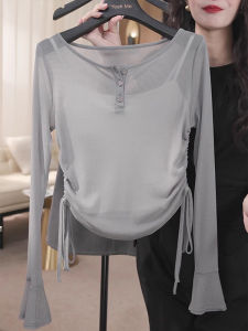 BINKAFENNY | Gray Long Sleeve Drawstring T-Shirt Womens Summer Plus Size Design Sensation Sunscreen Top Thin Model Korean Style Commute