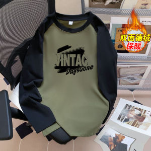 Mens Winter Thermal T-Shirt Fleece Lined Loose Thickened Youth Fashion Contrast Color Warm Top round Neck Long Sleeve Tee