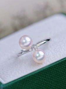 DIY Pearl Accessories S925 Pure Silver Ring Mounting Double Pearl Silver Jewelry Mounting for Women 6-8mm round