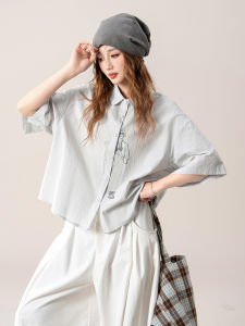 SHANGWEILUO | Cartoon Embroidery Short Sleeve Shirt Slim