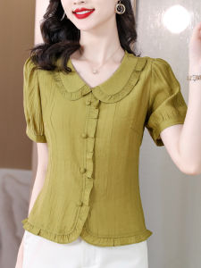 Cotton Linen Short Sleeve Ladies Shirt Summer Style Slimming Top Korean Version Pure Color Button up Casual Comfortable Fit