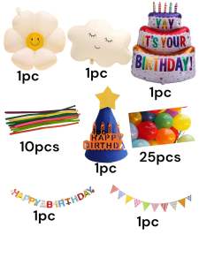 Children Party Happy Cloud Flowers Birthday Cake Colour Balloons Backdrop Decoration Banners [PBS018] (come with free pump)