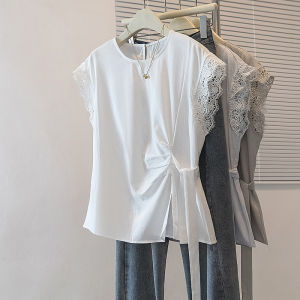 AIYITI | Lace Splicing Sleeveless Slimming Belted Large Size Shirt