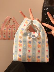 Cute Bear Canvas Handbag Commuter Miscellaneous Small Wrist Bag Convenient Handheld Lunch Box Bag Bento Bag for Youth Casual