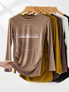 dr.domo | Pregnant Womens Modal Knitted Base Shirt Round Neck Fleece Lined Thick Winter Top Underwear Japanese Style Solid Color Maternity Wear