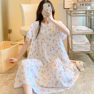 Short-Sleeved Nightdress Womens Summer Thin Rayon Pajamas Home Wear Japanese Style Plaid Loose Suitable for Daily Wear Bourette Dress
