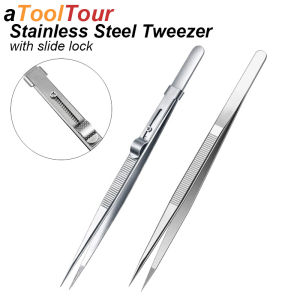 Precision Tweezers Stainless Steel Fine Point Slide Lock Adjustable Grip for Electronics Phone Repair Eyebrow Jewelry Make Tool