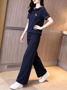 NUANPING | Youthful Patchwork Check Blue Hooded T-Shirt and Pants Set