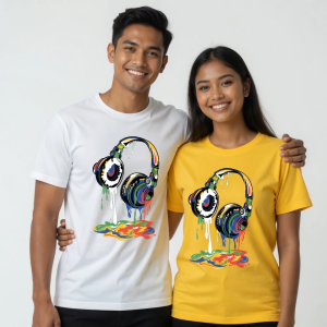 White T-shirt with colorful dripping headphones graphic. Casual wear for music lovers. Ideal for everyday use.