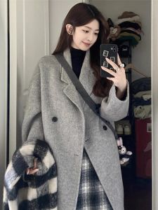 Hebe Style Grey Woolen Coat Womens Loose Long Autumn Winter Outerwear Korean Version Straight Cut Double Breasted Long Sleeve