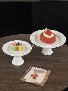French Ceramic Medieval High Footed Tray Dessert Table Decoration Cake Dessert Plate Relief Lace Edge Premium Feeling Snack Plate