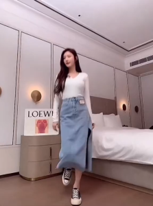 Women High Waist Denim Skirt Split Mid Trendy High Waist Denim Skirt With Slit For Women Available 3 Colors Denim blue and Black Blue Size 25-32 A-line Skirt
