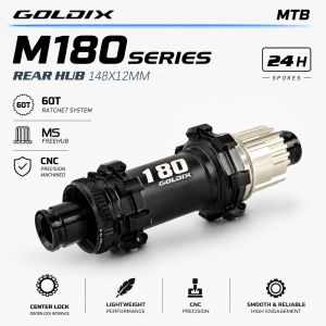 GOLDIX | GOLDIX M180 XC Mountain Bike Hub — 60T Star Ratchet Centerlock Disc Brake 28-Hole Thru-Axle Steel Spoke Compatible with Shim