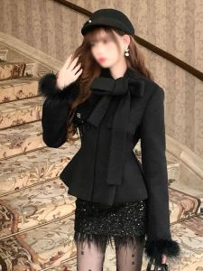 Elegant French Style Black Mini Dress with Belt And Butterfly Knot Sparkling Sequins Wrap Skirt Long Sleeve Round Neck
