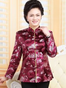 Elegant Red Wind Chinese Style Long Sleeve Top for Couples Middle-Aged And Elderly Parents Satin Reformed Tang Costume Womens Wear