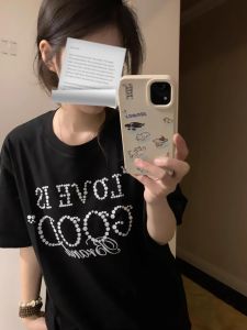 Áo Thun Cotton Tay Ngắn Phong Cách Hàn Quốc Dành Cho Nữ Dáng Rộng in Chữ Mùa Hè Thường Ngày Không Có Thương Hiệu Trung Quốc