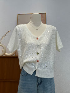White Knitted Short Sleeve T-Shirt Womens Summer New Slimming Versatile Open Cardigan Outerwear Short Top Korean Style